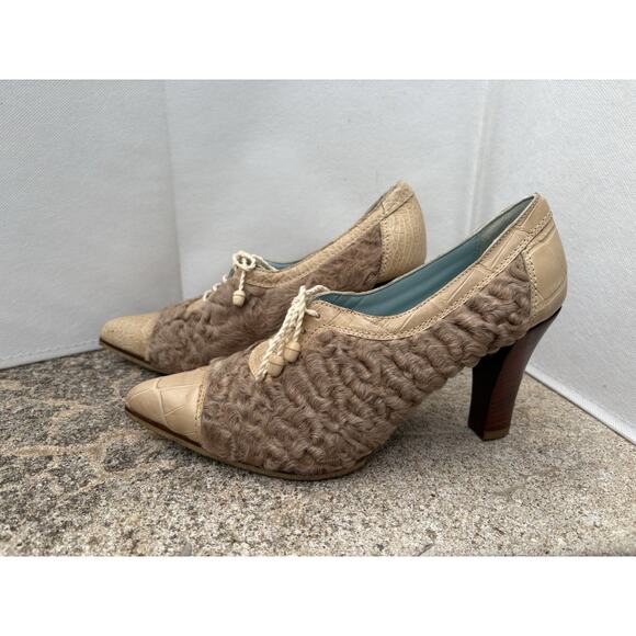 Designer Malo Heels 39 Fur Pointy Toe Pump Leather Italian Retro Lace Up Artsy - Picture 3 of 10